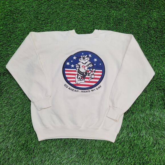 Vintage 80s Cat US-Flag Sweatshirt Womens Large 20x23 Beige - Picture 1 of 14